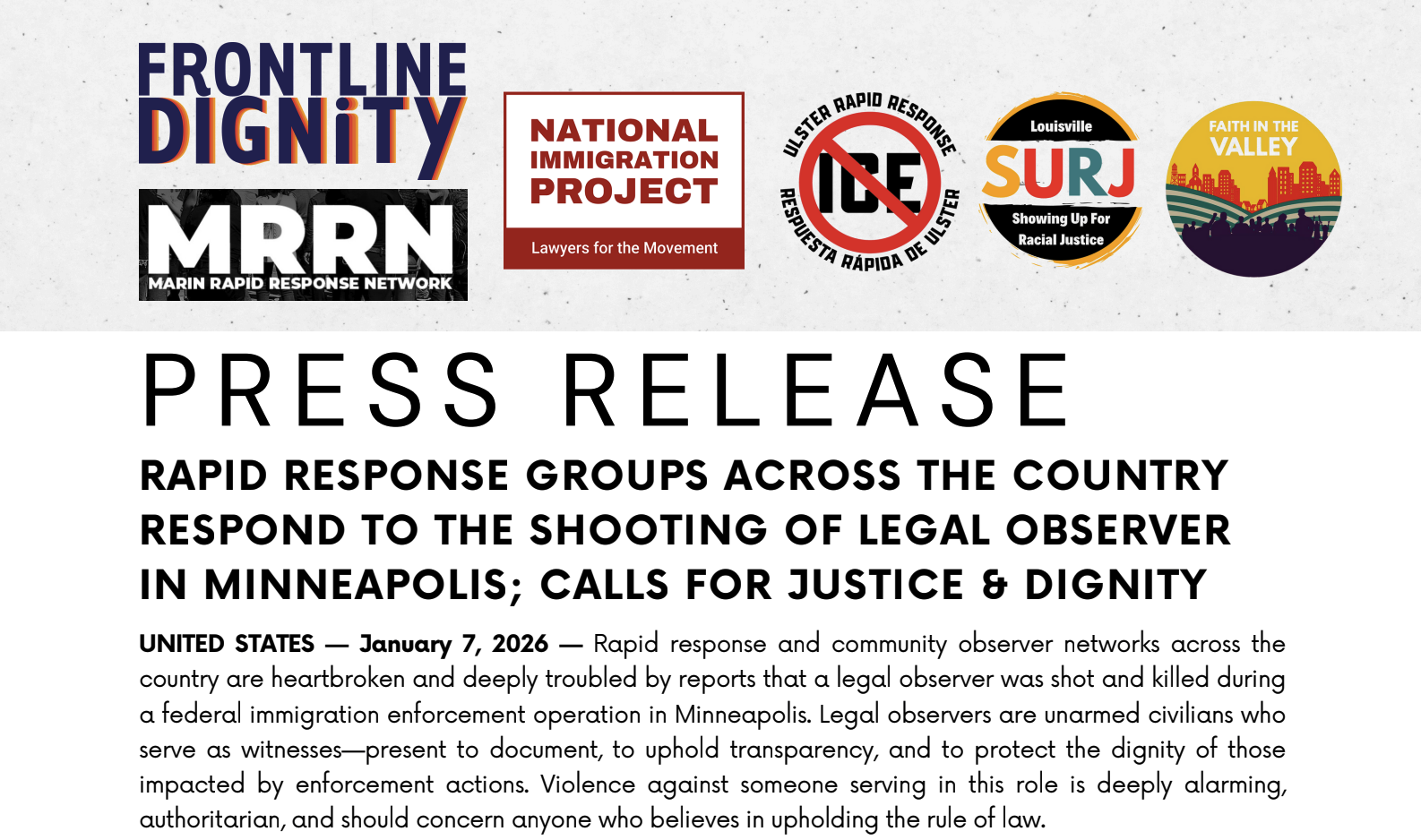 Featured image for “RAPID RESPONSE GROUPS ACROSS THE COUNTRY RESPOND TO THE SHOOTING OF LEGAL OBSERVER IN MINNEAPOLIS; CALLS FOR JUSTICE & DIGNITY (Press Release)”