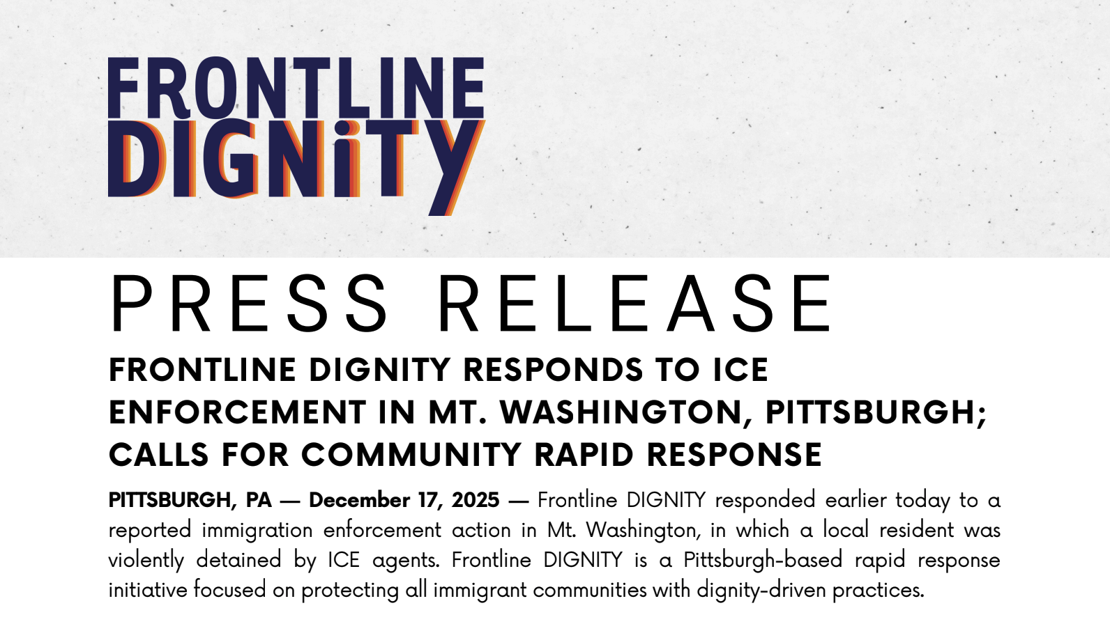 Featured image for “FRONTLINE DIGNITY RESPONDS TO ICE ENFORCEMENT IN MT. WASHINGTON, PITTSBURGH; CALLS FOR COMMUNITY RAPID RESPONSE (Press Release)”