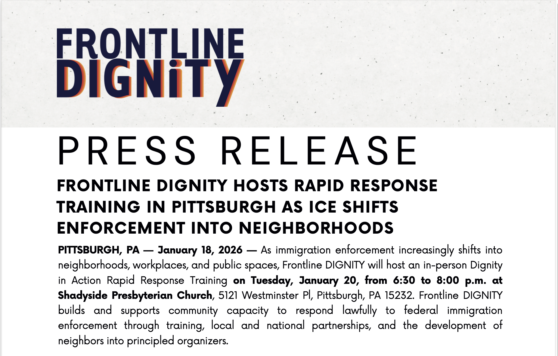 Featured image for “FRONTLINE DIGNITY HOSTS RAPID RESPONSE TRAINING IN PITTSBURGH AS ICE SHIFTS ENFORCEMENT INTO NEIGHBORHOODS (Press Release)”