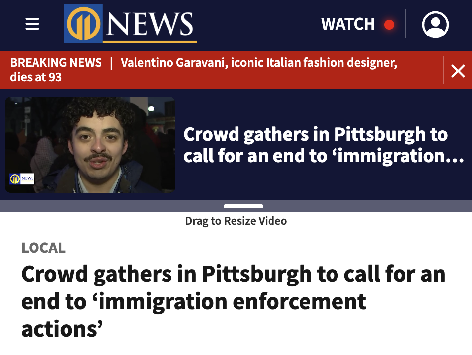 Featured image for “Frontline Dignity Featured on WPXI: “Crowd gathers in Pittsburgh to call for an end to ‘immigration enforcement actions’””