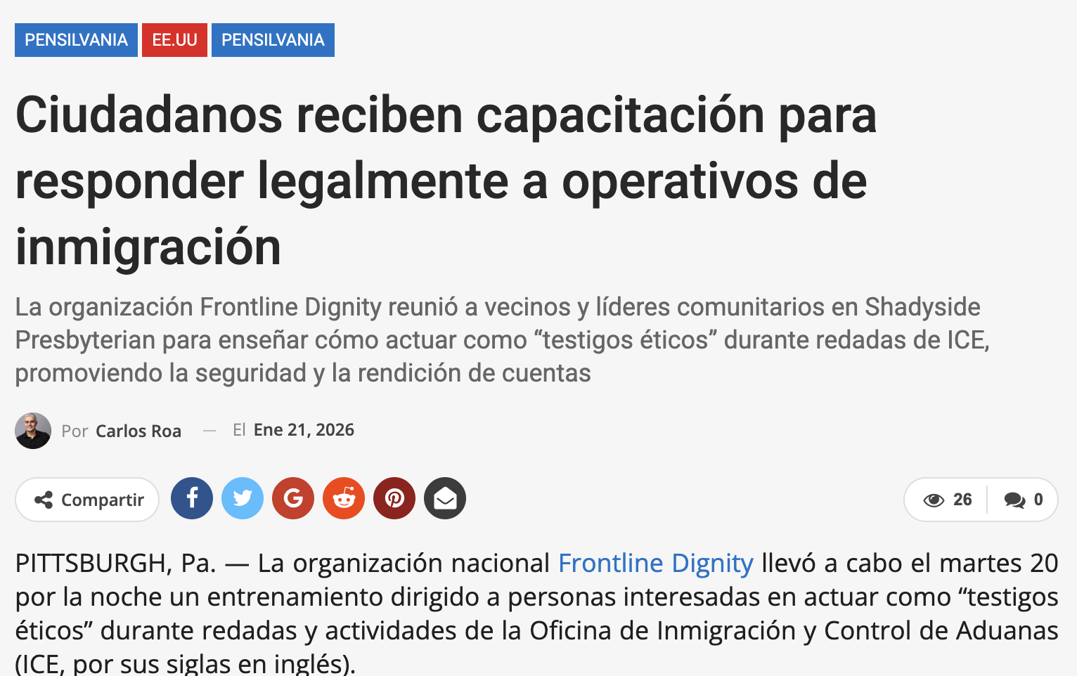 Featured image for “Frontline Dignity Featured on Te Lo Cuento News: “Citizens receive training to respond legally to immigration raids””