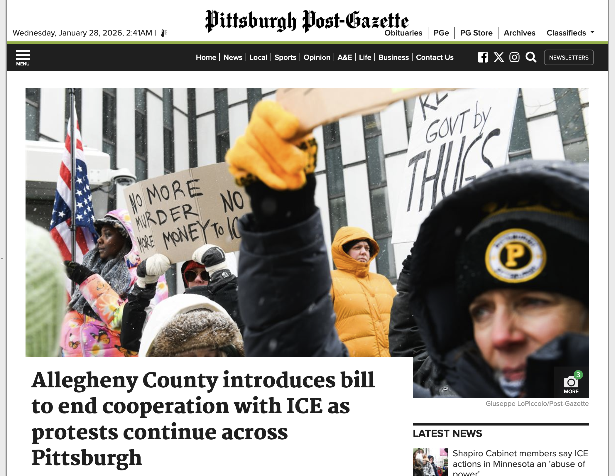 Featured image for “Frontline Dignity Mentioned In The PGH Post-Gazette: “Allegheny County introduces bill to end cooperation with ICE as protests continue across Pittsburgh””
