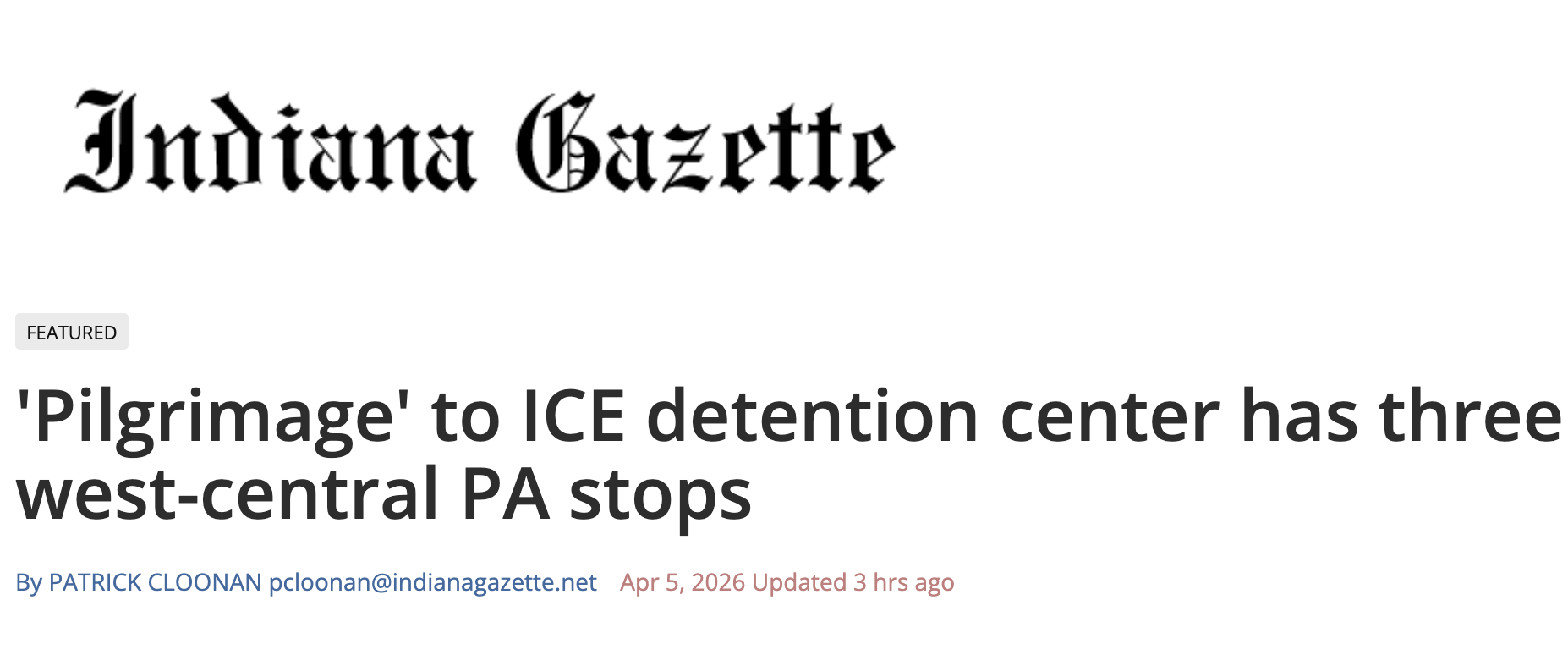 Featured image for “Indiana Gazette: “‘Pilgrimage’ to ICE detention center has three west-central PA stops””